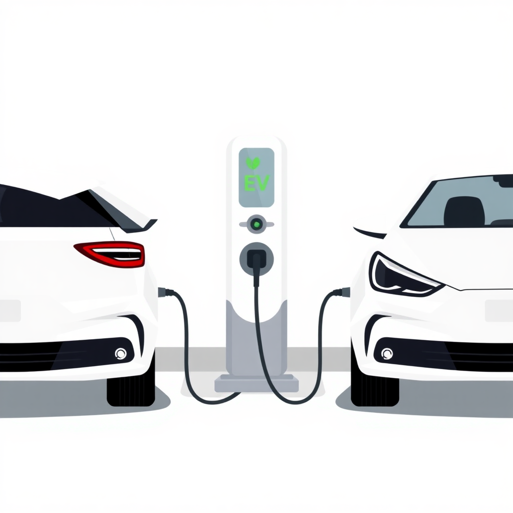 A symmetrical simple flat illustration of an EV charger with two cars connected, cars are fully visible, one on each side of the charger.