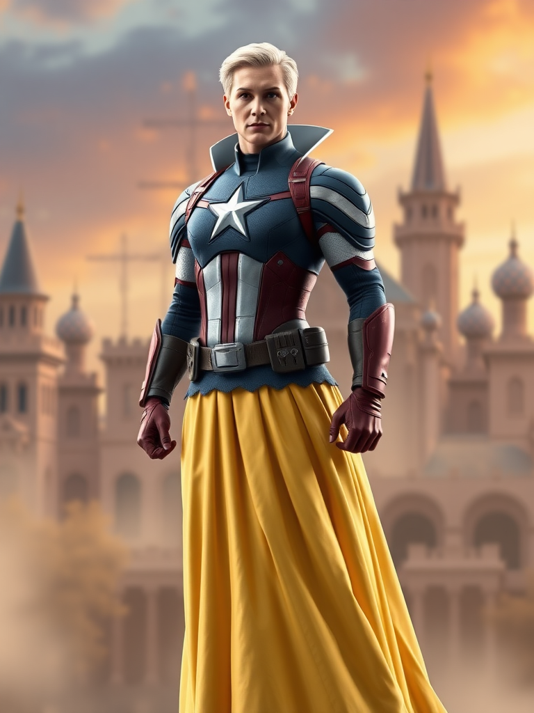 Create a full-length rendered image of Captain America, using the female figure of Snow White for the body. Retain Captain America's head, hairstyle, and facial features. Integrate elements of Snow White's costume into Captain America's attire, adjusting it to fit the new proportions. Design the background inspired by both characters, incorporating iconic symbols and settings that reflect their worlds, merging the heroic and fairytale atmospheres seamlessly. Ensure the image captures the strength of Captain America alongside the whimsy and charm of Snow White, resulting in a unique and visually striking character fusion.