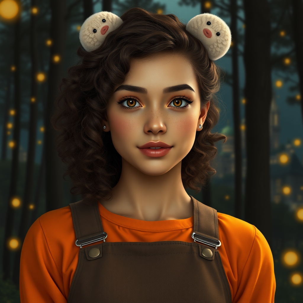 Create a realistic, detailed image of a 25-year-old woman with olive skin. Her eyes are amber and orange in color. Her hair is voluminous and curly to her shoulders. She has delicate features, and her face is strong and cute at the same time. She wears a brown jumpsuit and an orange blouse underneath. She has freckles on her face. It's in the middle of a dark forest, lit by fireflies that glow softly. In the background, a city with fantastic architecture, giving a magical touch to the scene. The image must be extremely realistic, capturing every detail with precision and 8k quality. It looks like a photograph. Extremely realistic. 25 years old. She wears a bear clip on her head. Beautiful. Beautiful. Extremely realistic. Beautiful looking.