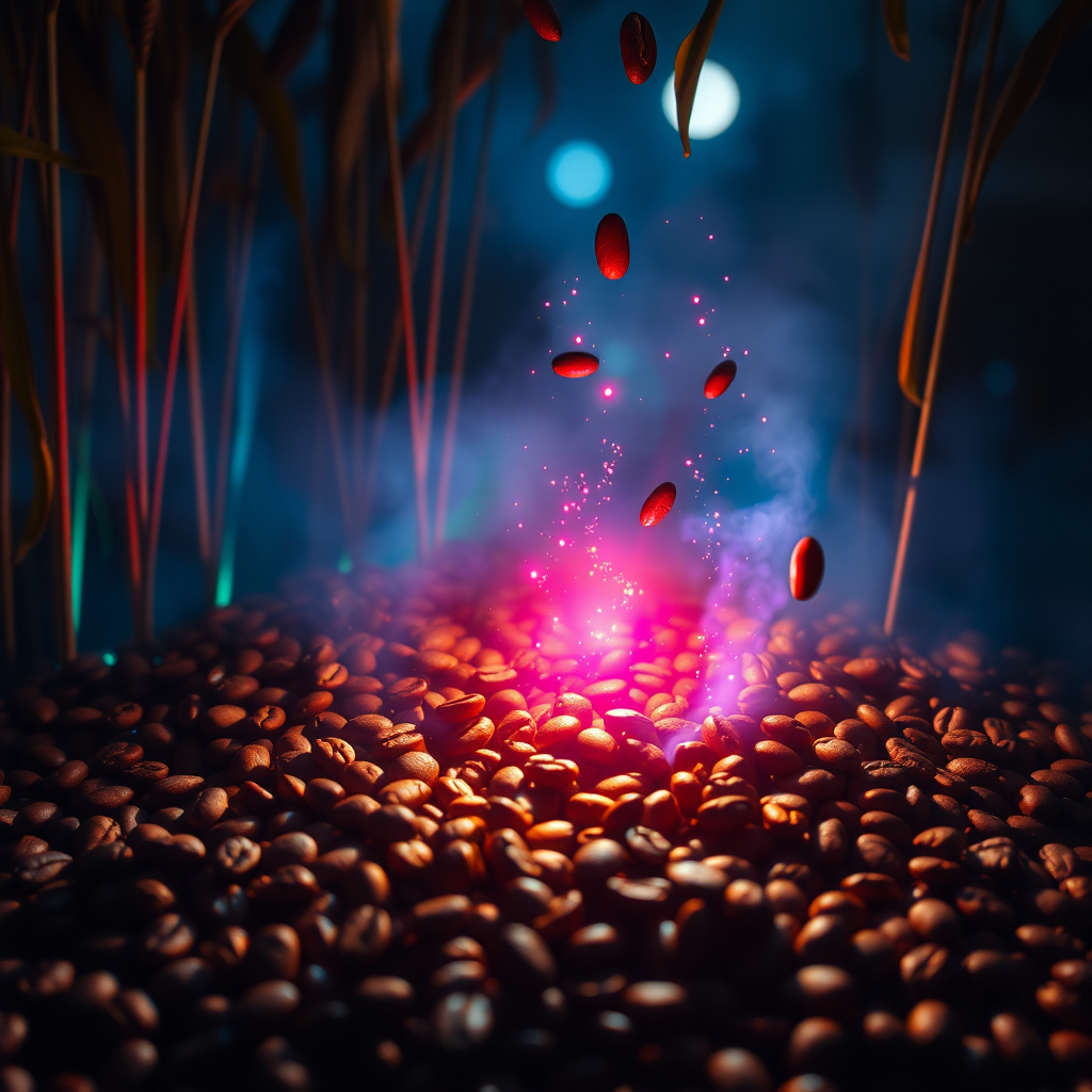 500px, hasselblad, cinematic, super quality, high resolution, crazy detail, complex, very sharp, brenizer method, beautifully illuminated coffee beans, enhancing the transcendent and tranquil atmosphere. The entire scene is bathed in soft and gentle light, and the mysterious appearance creates a dreamy and tranquil environment.

Coffee beans fall from above and pile up underneath, creating a photo with a brown roasted coffee flavor.

Dreamy light sparkles between tall reeds illuminated by the blue light of the moon surrounding the beans. Featuring an abstract composition focusing on light and color refraction, creating colorful and prismatic effects and dynamic and multifaceted shapes, colorful lights, sparkling fog, abstract patterns, mysterious atmosphere, surreal nature, spiritual beauty, and dynamic contrasts.