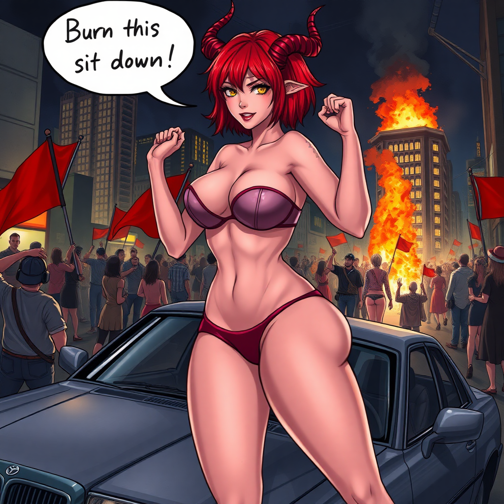 A anime drawing: A seductive hypersexual succubus woman, wicked smirk, speech bubble "Burn this shit down", short red hair, mega-colossal huge massive boobs/tits/breasts that can barely fit in a bikini her right-hand into/inside her thong to her vagina, standing on the hood of a car, horns, yellow eyes, sexy waist, full body, a city on night being overtaken by rioters with red-flags/LGBQT flags/and Raised Fist Flags, Molotov cocktails, there is another blond succubus girl there standing backside with her fist raised up with a building on fire.