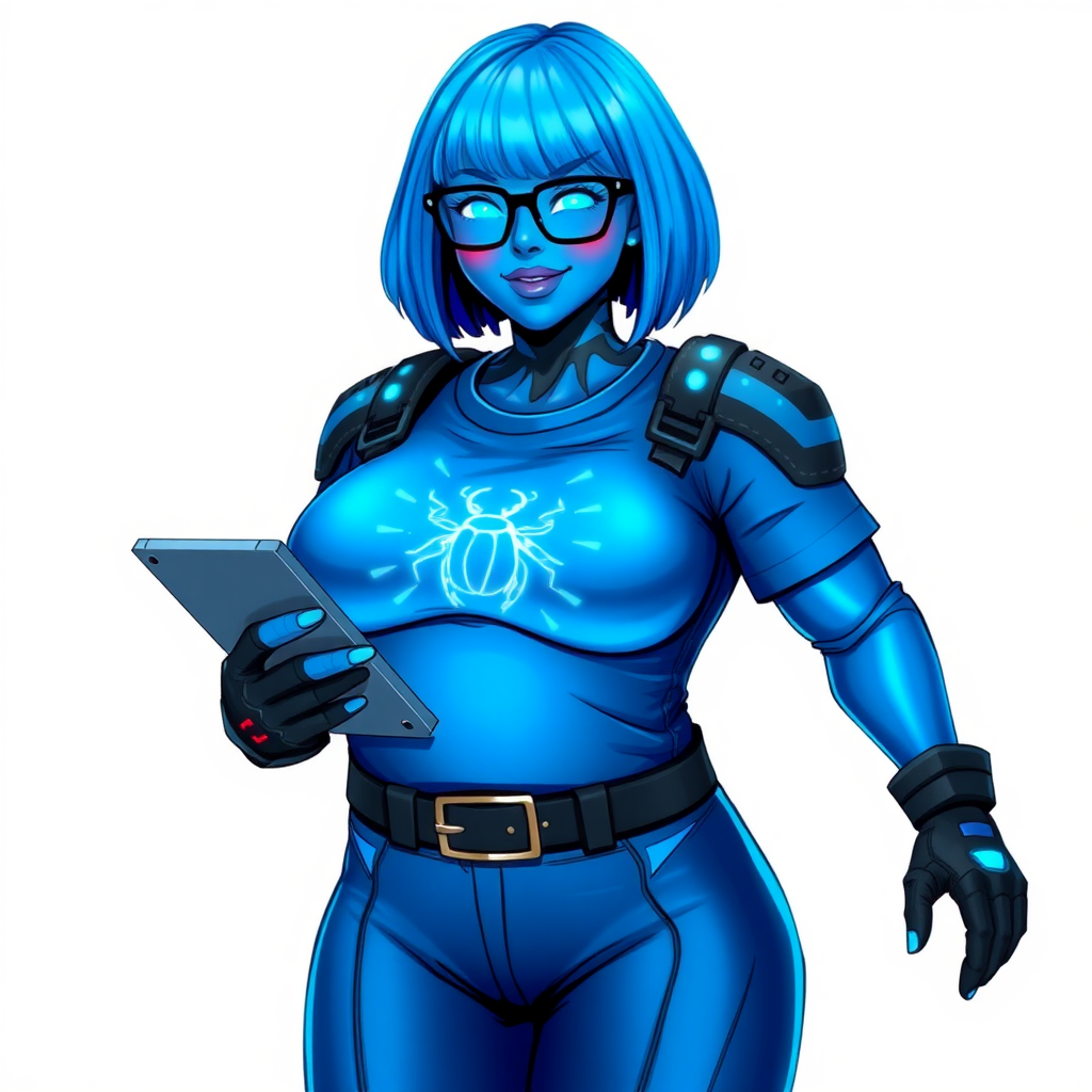 A 28-year-old, full-figured, metallic maximum blue (5PB 5/10) skinned computer program hybrid with a maximum blue bob cut. She has a non-athletic build, highlighted by a prominent, round, large midsection (with emphasis on her belly), which shows the effects of her new love of junk food acquired from her boyfriend. As the full-figured, nerdy, digital sidekick to her cyberpunk vigilante boyfriend, her metallic maximum blue skin and maximum blue lipstick (5PB 5/12) emphasize her digital nature. Her skin has a subtle, animated glow, with digital patterns occasionally flickering across it, making her digital nature obvious. She wears a digital, computerized costume, consisting of a huge, tight-fitting, maximum blue t-shirt (5PB 5/12) made out of advanced nanotech with a neon blue glowing chest icon of a beetle, hi-tech shoulder pads with neon blue accents, a black hi-tech belt with a digital neon blue glowing buckle, digital maximum blue biker pants (5PB 5/12) with neon blue accents, and black hi-tech fingerless biker gloves with neon blue glowing accents. Her neon blue glowing eyes, black eyeglasses with neon blue glowing lenses equipped with a built-in HUD, and bashful smile with neon red blush accentuate her nerdiness.

She stands with a shy, slightly hunched posture, one hand nervously adjusting her glasses while the other clutches a digital tablet close to her chest. Her pose reflects her intellectual curiosity and slight social awkwardness, much like Sci-Twi. Her costume covers all her skin and emphasizes her full-figured physique (especially her belly). Despite her build, she radiates beauty. She has a slim face compared to her physique, accentuating her radiant beauty. She is on a solid white background. She is drawn as if she were in a retro 2D cyberpunk fighting game.