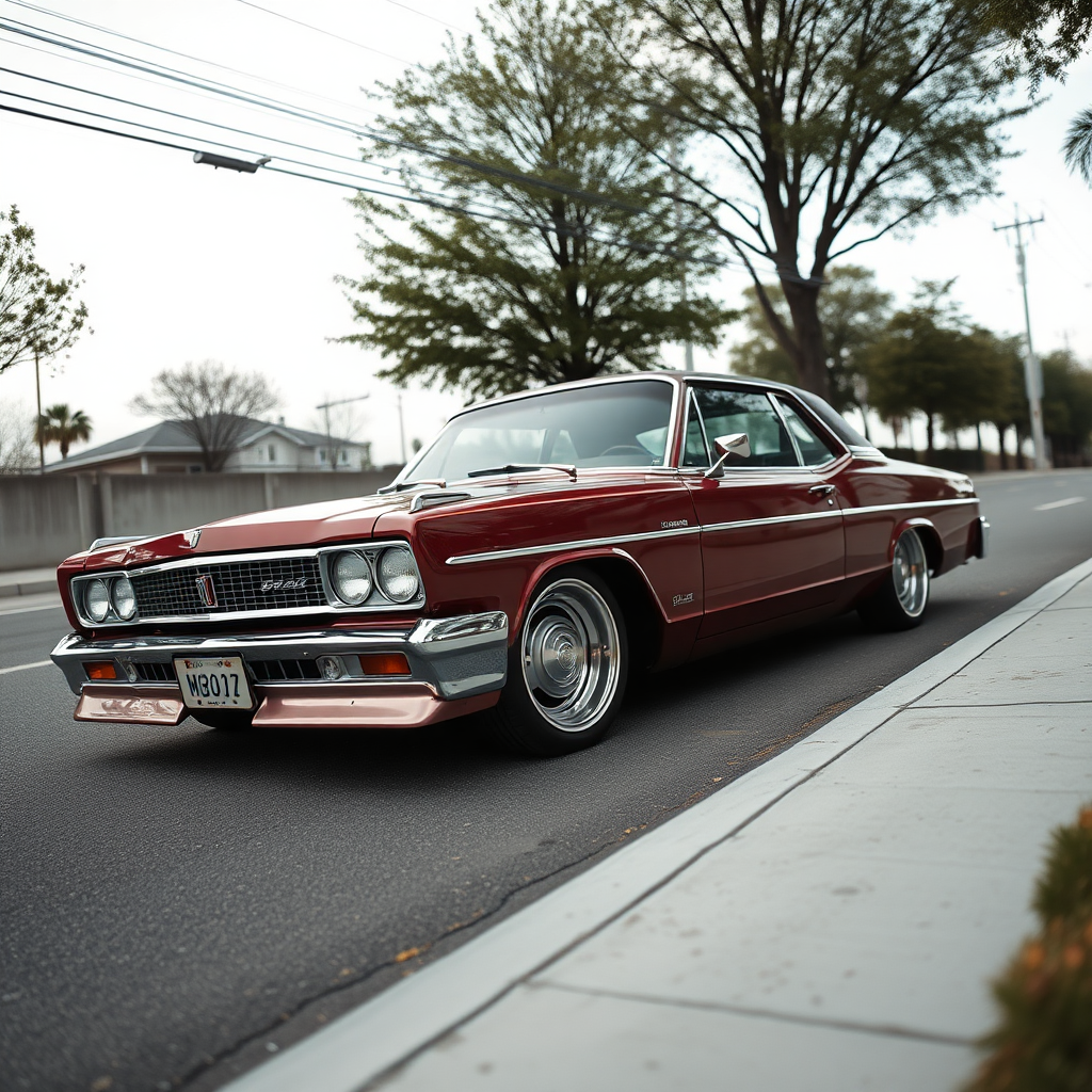 the car is parked on the side of the road, inspired by Taiyō Matsumoto, tumblr, restomod, nd4, c4 metallic shine classic american low rider car