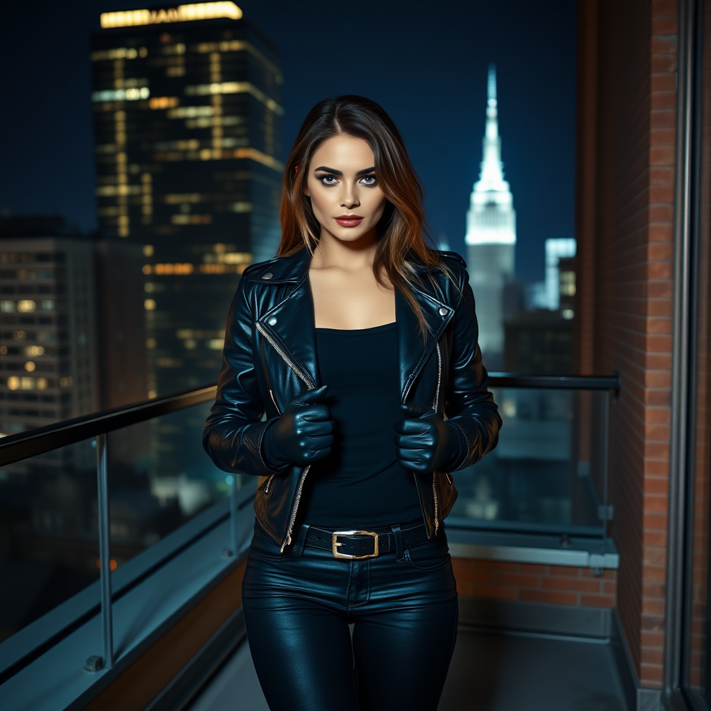 A beautiful and hot thief girl in black leather jacket over black t-shirt with black tight jeans and gloves standing in a Manhattan penthouse at night.