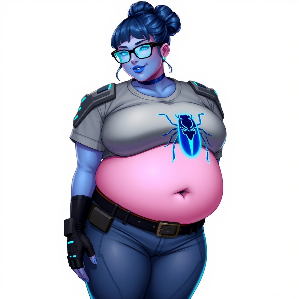 A 28-year-old, full-figured, vibrant, metallic maximum blue (5PB 5/10) skinned computer program hybrid with a tied bun of maximum blue hair. She has a non-athletic build, highlighted by a prominent, round, large midsection (with a full emphasis on her round large belly), which shows the effects of her love of junk food acquired from her boyfriend. As the full-figured, nerdy, digital sidekick to her cyberpunk vigilante boyfriend, her metallic maximum blue skin and maximum blue lipstick (5PB 5/12) emphasize her digital nature. Her skin has a subtle, animated glow, with digital patterns occasionally flickering across it, making her digital nature obvious. She wears a digital, computerized costume, consisting of a nanoarmor, gargantuan, tight-fitting, maximum blue t-shirt (5PB 5/12) with a neon blue glowing chest icon of a beetle, hi-tech shoulder pads with neon blue accents, a black hi-tech belt with a digital neon blue glowing buckle, digital maximum blue pants (5PB 5/12) with neon blue accents, and black hi-tech fingerless biker gloves with neon blue glowing accents. Her neon blue glowing eyes, black eyeglasses with neon blue glowing lenses equipped with a built-in HUD, and bashful smile with neon red blush accentuate her nerdiness. She stands bashfully with one hand behind her back and the other hand gently touching her cheek, her costume covering all her skin and fully emphasizing her full-figured physique (especially her midsection). She is clearly non-athletic, with a focus on her full-figured physique. Despite her build, she radiates beauty. She has a slim face compared to her physique, accentuating her radiant beauty. She is on a solid white background. She is drawn as if she were in a retro 2D cyberpunk fighting game. Ensure her skin has a maximum blue (5PB 5/10) skin tone.