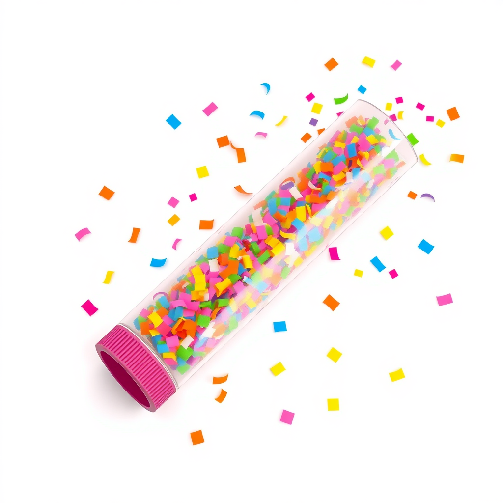 colorful confetti popper tube lying flat at an angle with confetti around it, white background, anime style