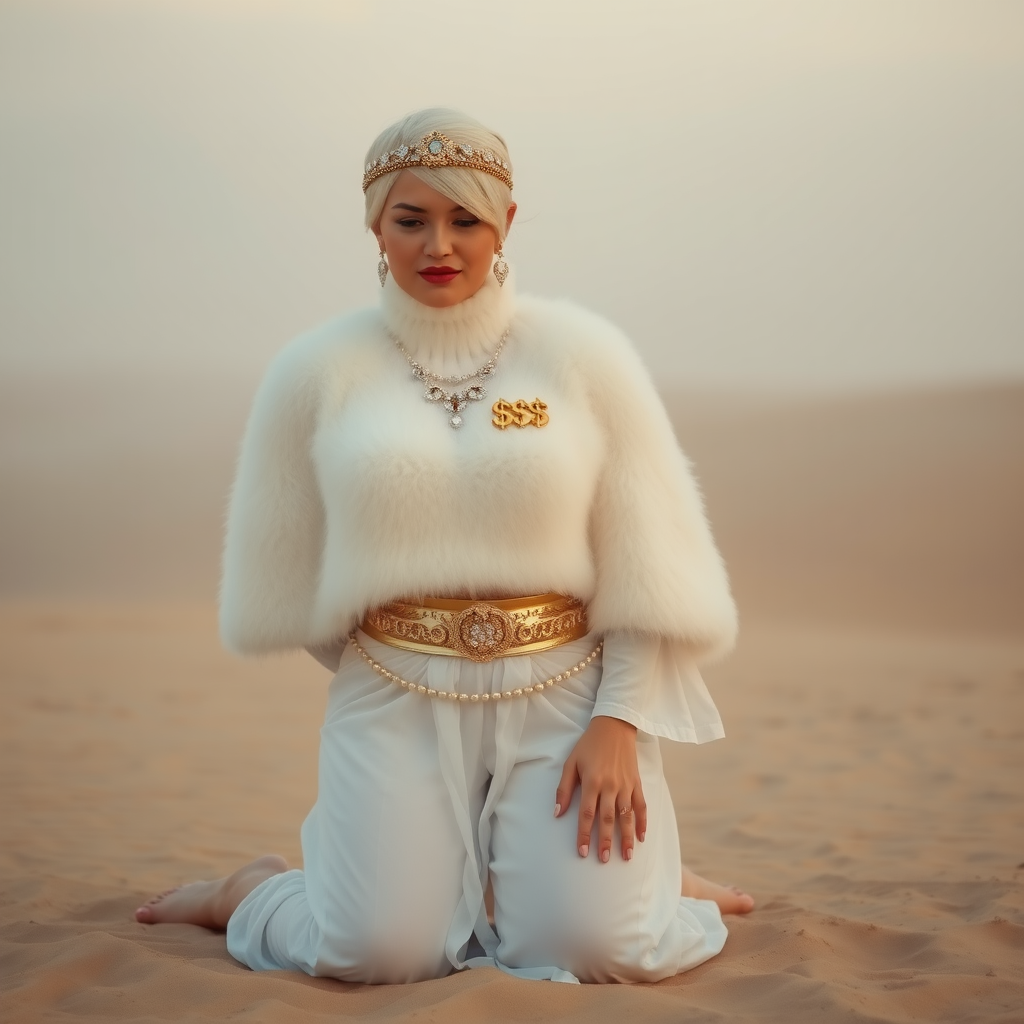 Kuwait desert dunes misty dawn: Melissa, European 17 years old very convincing femboy “trophy-bimbo”, tamed servile docile, very beautiful feminine flawless face, rather short boyish figure, platinum blond short tight curls, bold red lips, heavily made-up face, wearing Supertanya-style fluffy very fuzzy bright white angora turtleneck-poncho cropped ending under bust decorated with pearls and gemstones, striking oriental wide gold bridal protection belt, white fully transparent harem pants, full Oriental bridal jewelry with striking headpiece, full Oriental face-jewelry, striking diamond “$$$” letter brooch on left chest, pout frustrated, hands tied behind back, kneeling in sand with older overweight mighty sheik laughing, devotedly embracing Melissa..