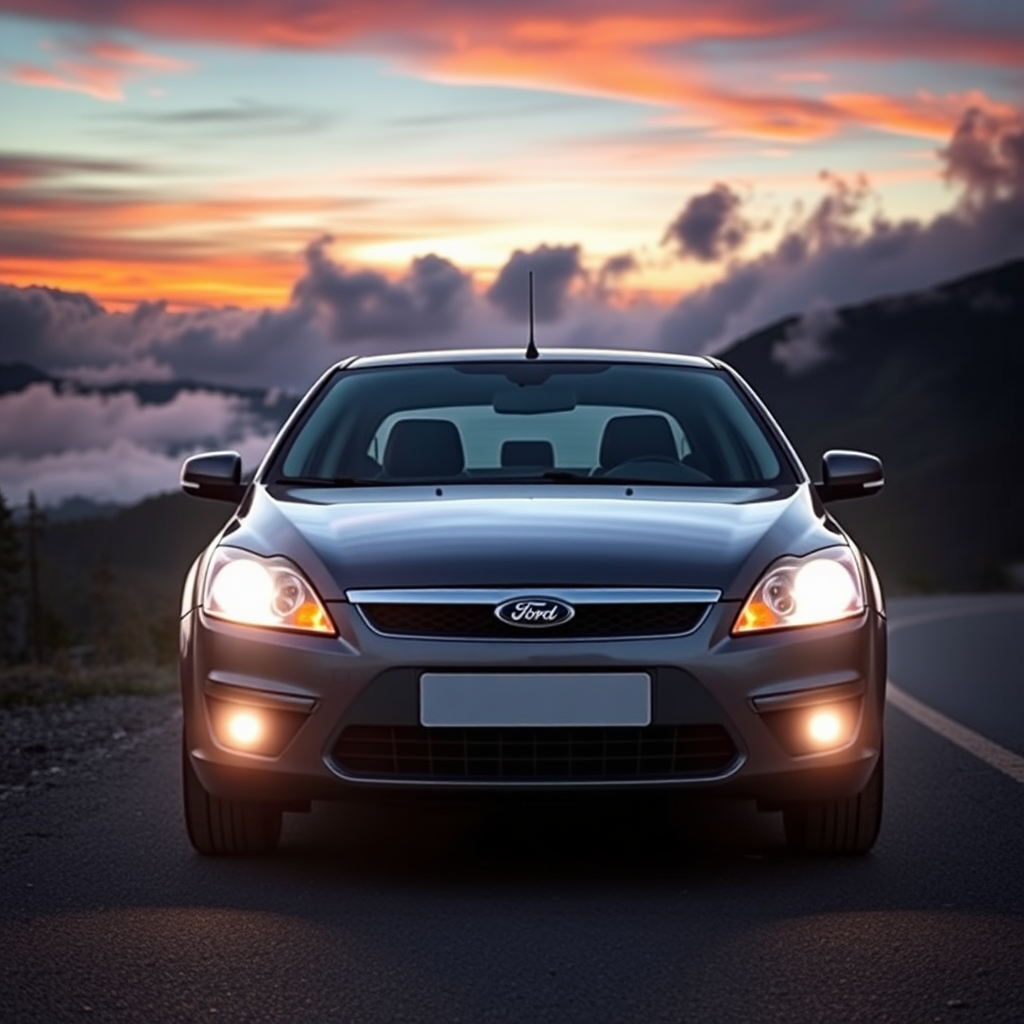 A FORD FOCUS SEDAN YEAR 2008 METALLIC GRAY FACELIFT WITH THE HEADLIGHTS ON SEEN FROM THE FRONT ON A MOUNTAIN ROAD AT SUNSET WRAPPED IN MULTICOLORED CLOUDS OF SMOKE