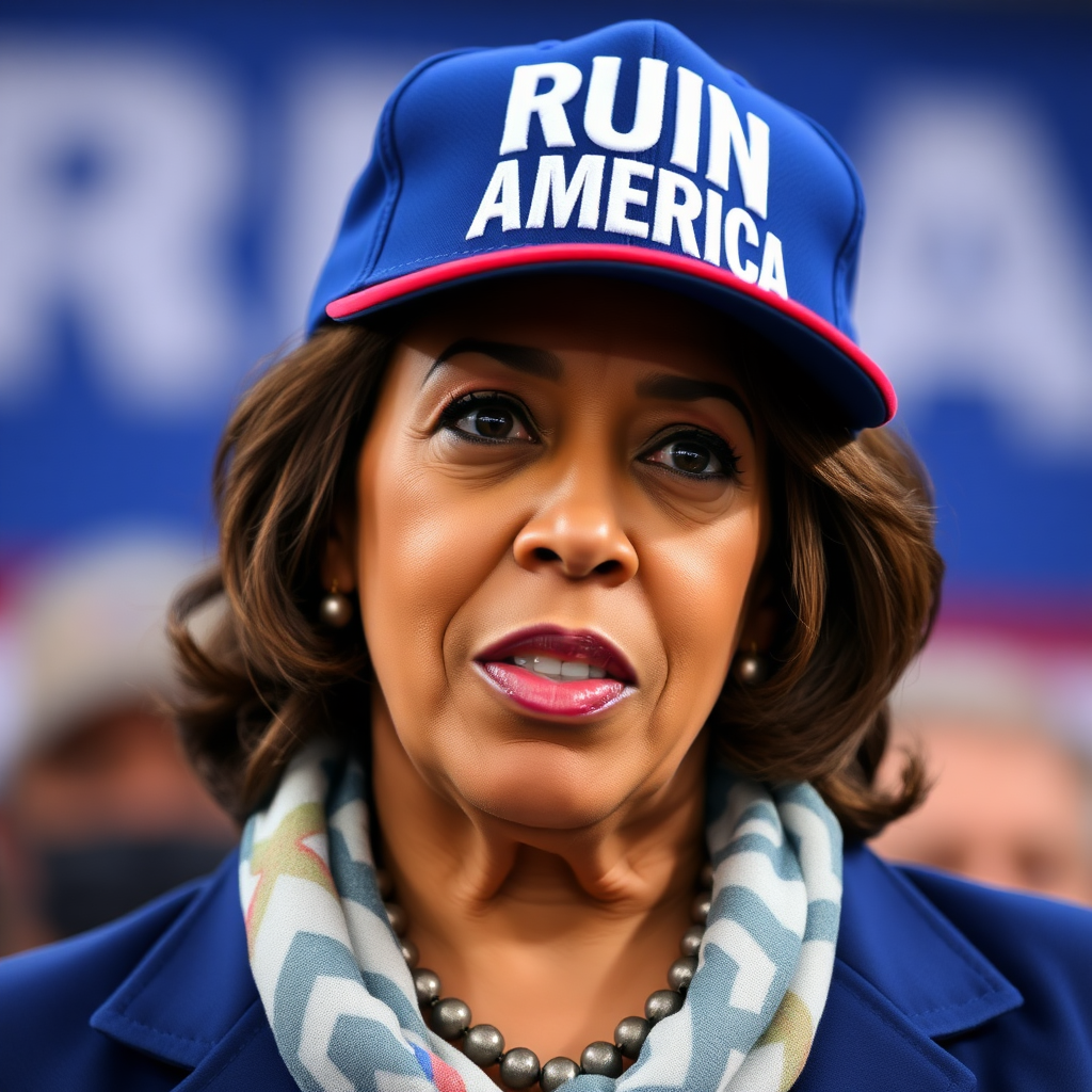 Kamala Harris wearing blue cap with white text "RUIN AMERICA"