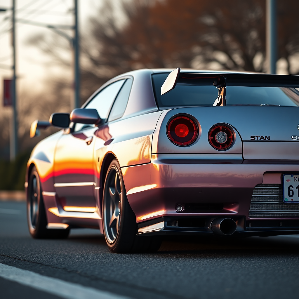 metallic shine nissan skyline r34 the car is parked on the side of the road, inspired by Taiyō Matsumoto, tumblr, restomod, nd4, c4 cold colors