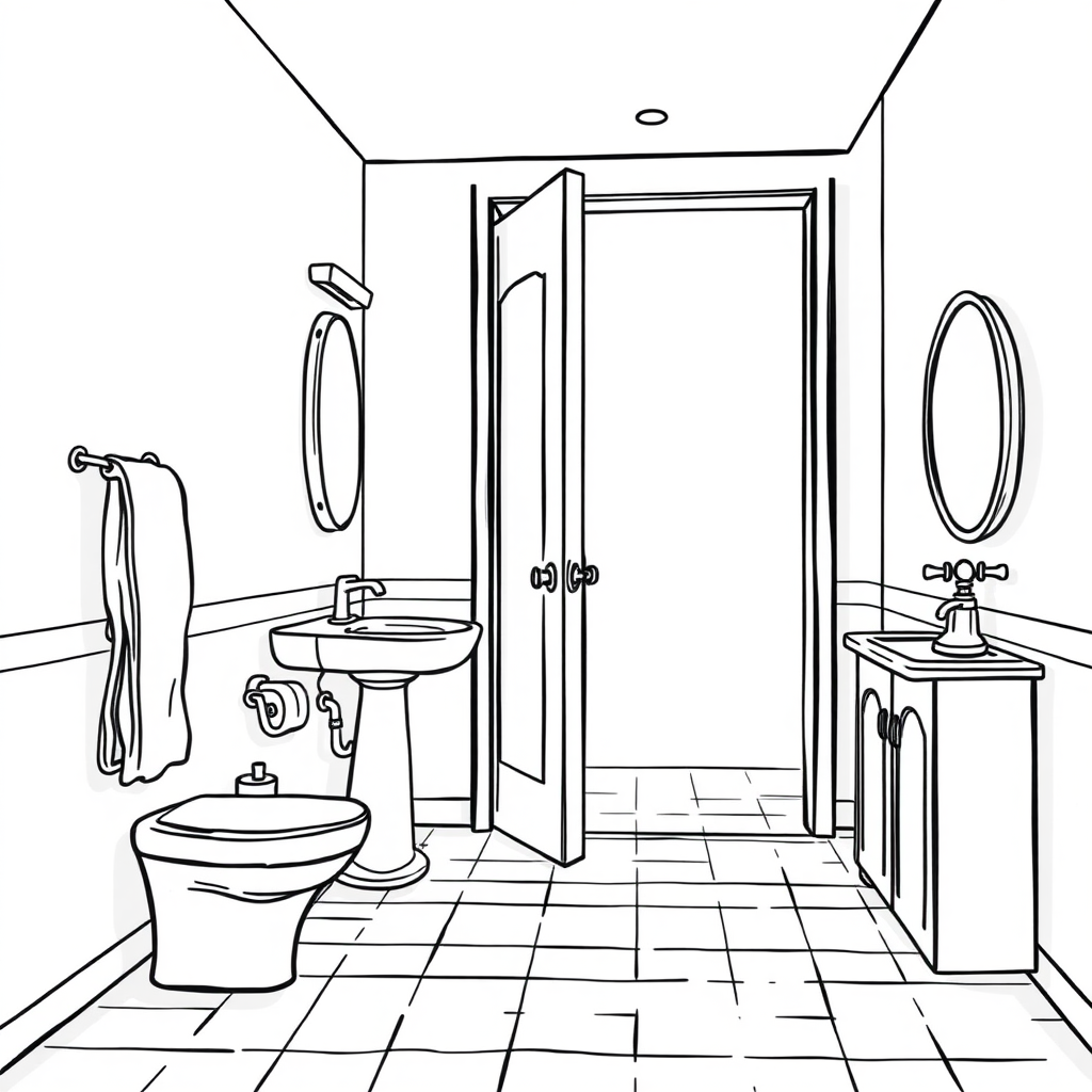 wide bathroom, wide open exit door in the background, long establishing shot, 2D, caricature, cartoon, Sketch lines, coloring book, coloring bathroom, well composed, clean coloring book page, No dither, no gradient, strong outline, No fill, No solids, vector illustration, realistic proportions,