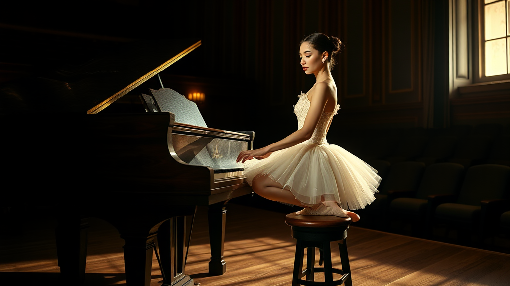 In the dim-lit auditorium of a historic ballet company theater, the air is thick with a sense of nostalgia, the kind that whispers stories of artistry and talent. A ballerina, poised elegantly on a weathered wooden stool, plays a grand piano with a mastery that transforms each note into a haunting melody. Clad in a delicate, ivory vintage tutu adorned with intricate lace and shimmering sequins that catch the soft light, her hands glide over the polished ebony keys, creating a symphony that echoes through the room.

The stage is bathed in a magical, ethereal glow, casting warm, golden highlights that accentuate the ornate details of her costume and the glossy sheen of the piano’s surface. Shadows dance gracefully along the walls, mingling with the muted colors of the velvet curtains that frame the stage. The scent of aged wood mingles with a faint hint of blooming jasmine wafting in from an open window, enhancing the dreamlike quality of the moment.

As she plays, a hushed silence envelops the audience, each note evoking memories and emotions that hang in the air like an invisible tapestry. The ballerina’s expression is serene yet deeply introspective, revealing a connection to the music that transcends the physical realm. Her fingers move with a fluid grace, reminiscent of the graceful pirouettes she performs when dancing, as if her entire being is infused with the rhythm of the piece.

In this intimate setting, the atmosphere pulses with a bittersweet beauty, where the past and present intertwine, inviting all who are present to lose themselves in the enchanting world of dance and melody that unfolds before them.