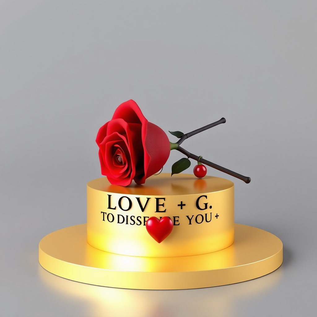 A 3D rendered anime-style medium shot of a red rose delicately resting atop a heart-shaped golden pedestal. The elegant name "LOVE ❤️ G. NO WORDS TO DESCRIBE YOU " is displayed on the pedestal in bold, black gold letters. A small contrasting red heart is placed along the pedestal. The smooth gray gradient background highlights the golden and red colors. The design exudes sophistication and luxury.