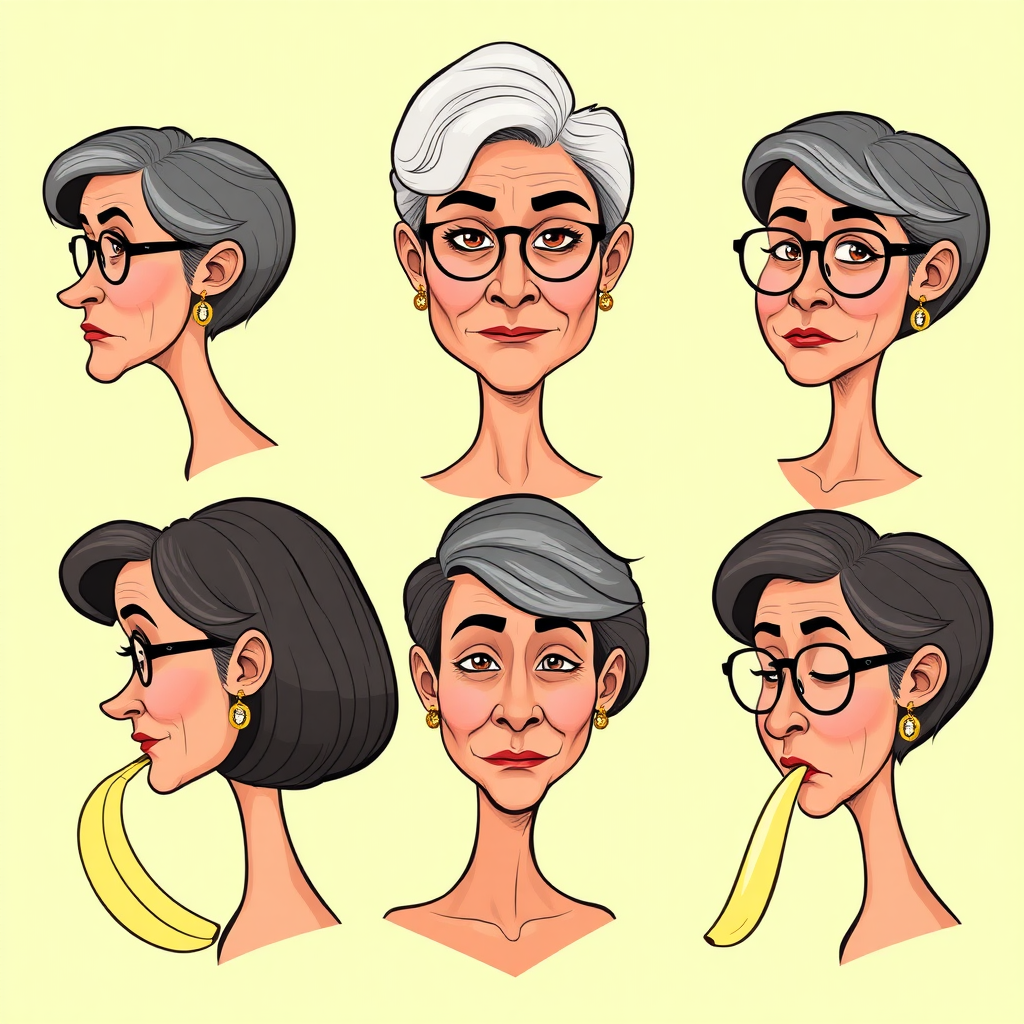 image of six headshots of a 50 Years old, gorgeous, fit, European, Latina, sharp aquiline nose, wrinkles, high cheekbones, Middle Eastern, Skinny, Tanned skin, Dark light skin, full Makeup, jewelry, Sharp nose, frowning, exaggerated cartoon emotions, lascive, eating a banana, dark grey Ash hair, short bowl haircut, Brown eye color, half closed eyes, round Glasses, with detailed features. Each photo displays the same face in back, profile and front view, cut out and isolated on a green background. All six heads are visible side by side, empty space around each view, no overlapping. 2D, caricature, cartoon, Sketch lines, coloring book style, well composed, clean coloring book page, No dither, no gradient, strong outline, vector illustration