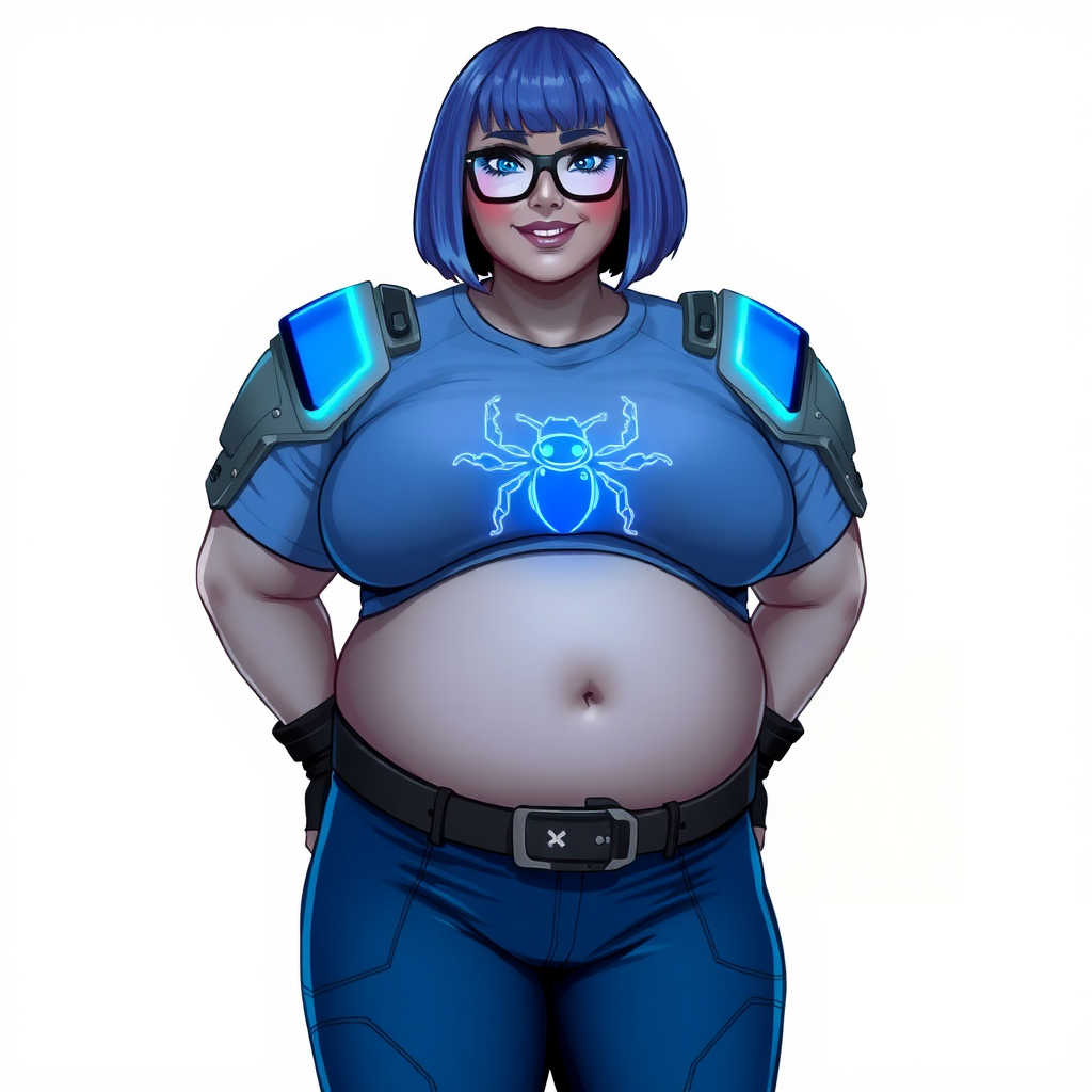 A 28-year-old, full-figured, middle gray skinned computer program hybrid with a maximum blue bob cut. She has a non-athletic build, highlighted by a prominent, round, large midsection (with emphasis on her belly), which shows the aftermath of her pampering. As the heavily pampered digital sidekick to her cyberpunk vigilante boyfriend, her middle gray metallic skin and maximum blue lipstick emphasize her digital nature. She wears a digital, computerized costume consisting of a huge, tight-fitting, maximum blue t-shirt with a neon blue glowing chest icon of a beetle, hi-tech shoulder pads with neon blue accents, a black hi-tech belt with a digital neon blue glowing buckle, digital maximum blue biker pants with neon blue accents, and black hi-tech fingerless biker gloves with neon blue glowing accents. Her neon blue glowing eyes, black eyeglasses with a neon blue glowing HUD built in its lenses, and shy smile with neon red blush accentuate her nerdiness. She stands bashfully with her hands behind her back, her costume covering all her skin and emphasizing her full-figured physique (especially her belly). She is clearly non-athletic, with a focus on her full-figured physique. Despite her build, she radiates beauty. She has a slim face compared to her physique, accentuating her radiant beauty. She is on a solid white background. She is drawn as if she was in a retro 2D cyberpunk fighting game.