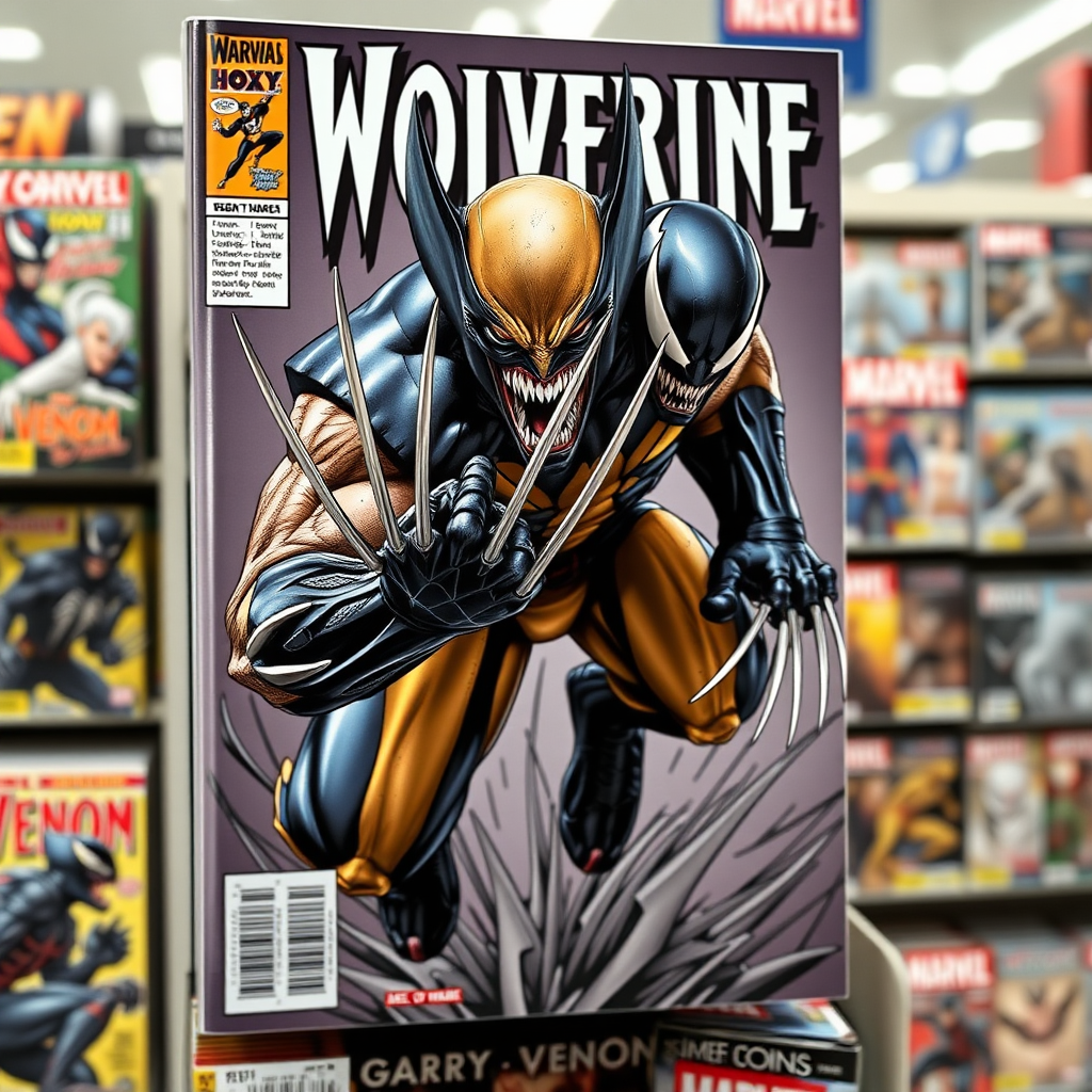 Jumping out of a comic book cover on a store shelf is Wolverine and Venom. Wolverine has his claws placed into Venom in Cinematic Real3D photo-realistic quality.