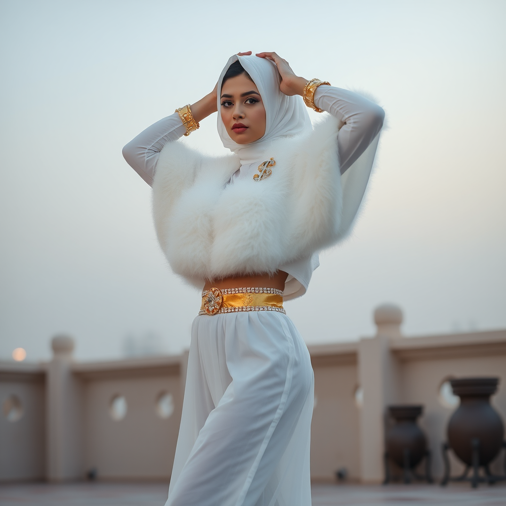 Kuwait desert palace harem patio misty dawn: Melissa, European 17 years old very convincing femboy “trophy-bimbo”, tamed servile docile, very beautiful feminine flawless face, rather short, by hormones very curvaceous womanly figured, heavily made-up eyes, wearing Supertanya-style fluffy very fuzzy bright white angora turtleneck-poncho cropped ending under bust decorated with pearls and gemstones, striking oriental wide gold bridal protection belt, white fully transparent harem pants, full Oriental bridal jewelry, face covered by white sheer full Burka, coin anklets, striking diamond “$$$” letter brooch on left chest, pout frustrated, seductively dancing for the sheik, hands high over her head, looking at camera. Full side view.