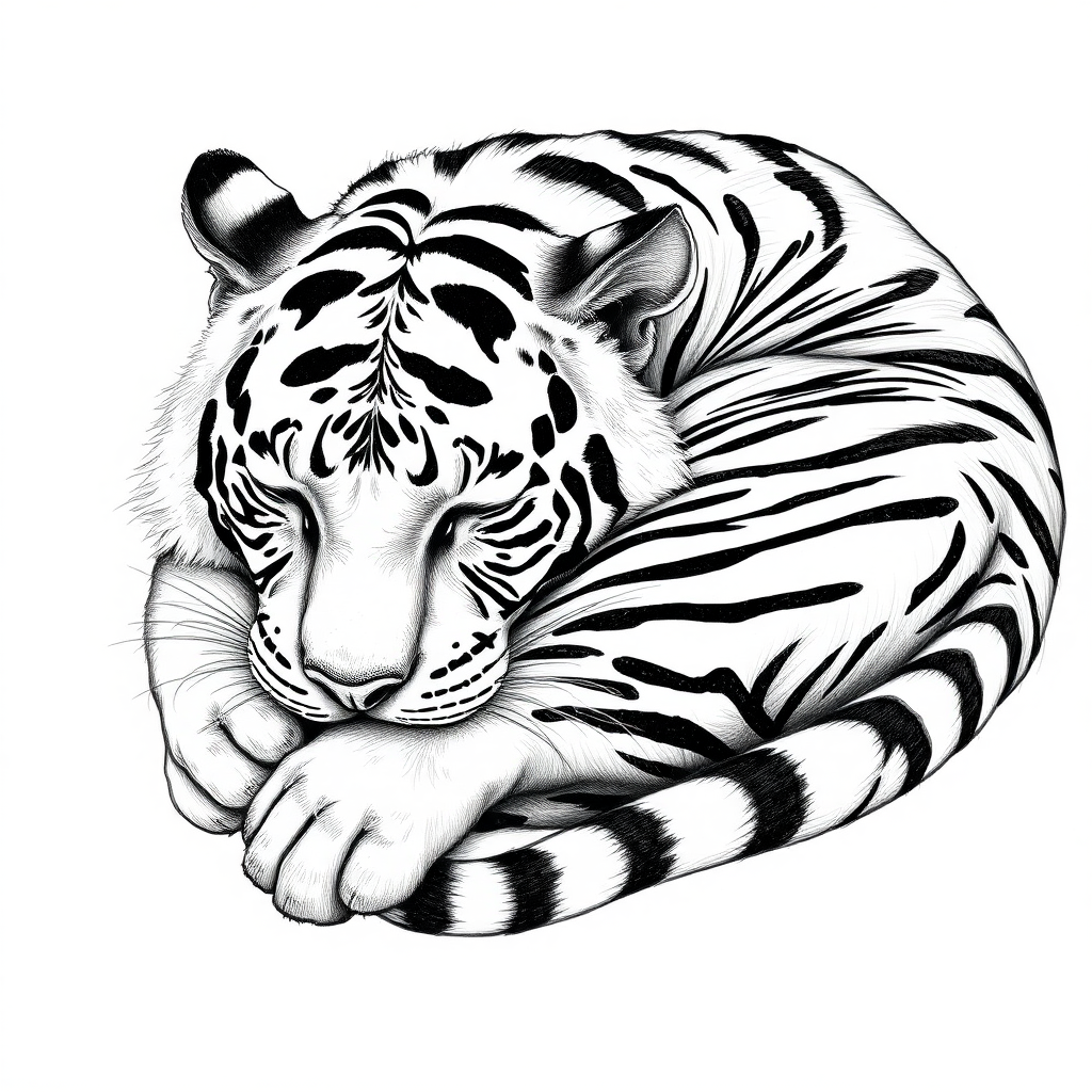 a tiger curled up asleep drawn in the style of a thai line ink and pencil drawing