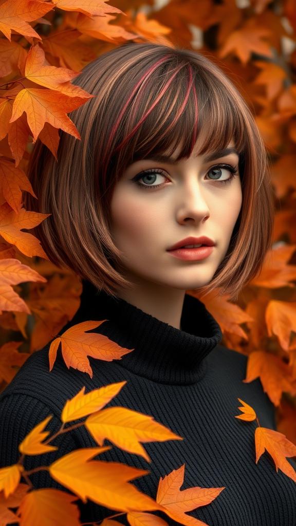 Beautiful model Anne Hathaway with a Bowl Cut hairstyle in various shades of color, surrounded by autumn chestnut foliage, in high definition.