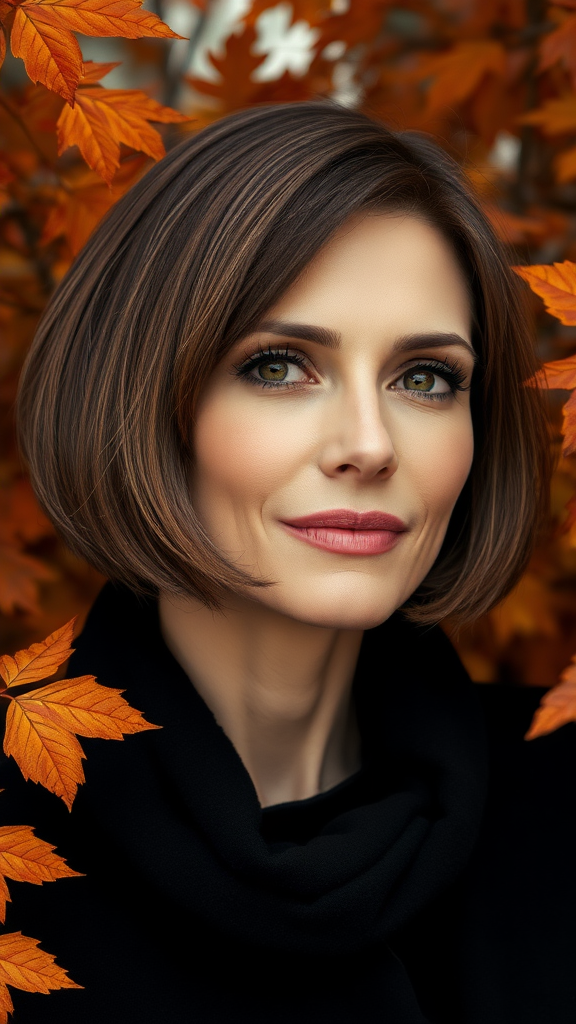 Beautiful model Carla Bruni with a square bob haircut, surrounded by autumn foliage, in high definition.