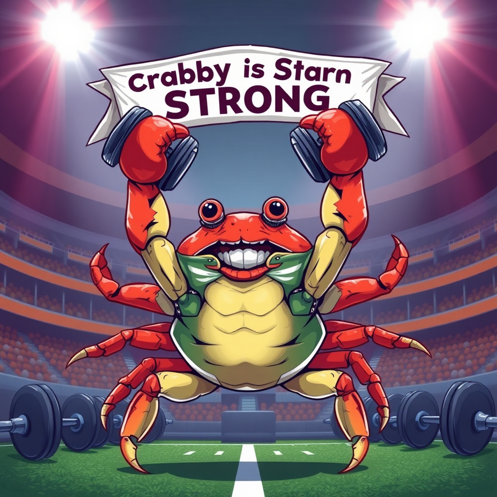 A crab lifting weights over his head with his claws in a sport arena with a banner overhead that says "Crabby is Strong"