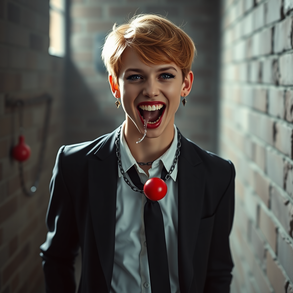 photorealistic, ultra high resolution, 16K, surreal fantasy, soft studio lighting, Tyler Swift is a pretty 18 year old goth male vampire, slim male physique, auburn hair, vampire long canine teeth, goth makeup, earrings, shiny black pantyhose, school uniform shirt tie and blazer, Mary-Jane shoes, spikey neck collar chain and leash, red ball-gag, in a dungeon, the end of the leash is chained to the wall, in daylight, excited open mouth smile, drooling a stream of saliva, facing the camera.