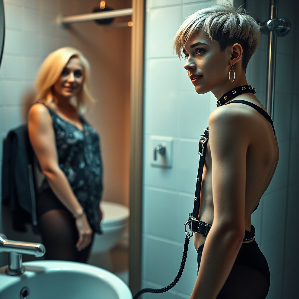 photorealistic, ultra high resolution, 16K, surreal fantasy, studio lighting, a 35 year old mother who is fully dressed for work is watching her pretty 14 year old goth son, slim male physique, short blonde hair, goth makeup, earrings, pantyhose, harness, spikey dog collar and leash, white ballet shoes, in the bathroom, excited smile, facing the camera.