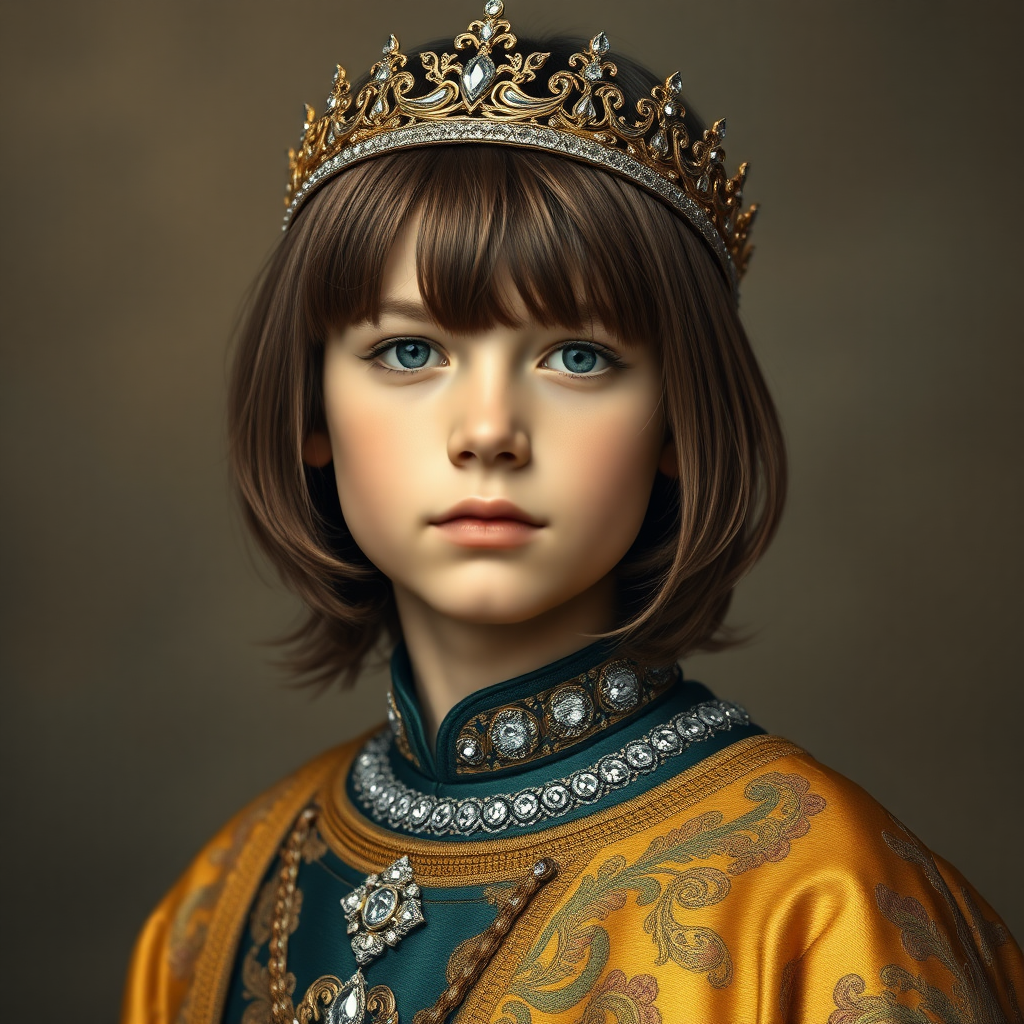 16yo teen boy prince, long bob cut, embroidered with gold and diamonds medieval cloths, diamond diadem. photorealistic, ultra high resolution, 16K,