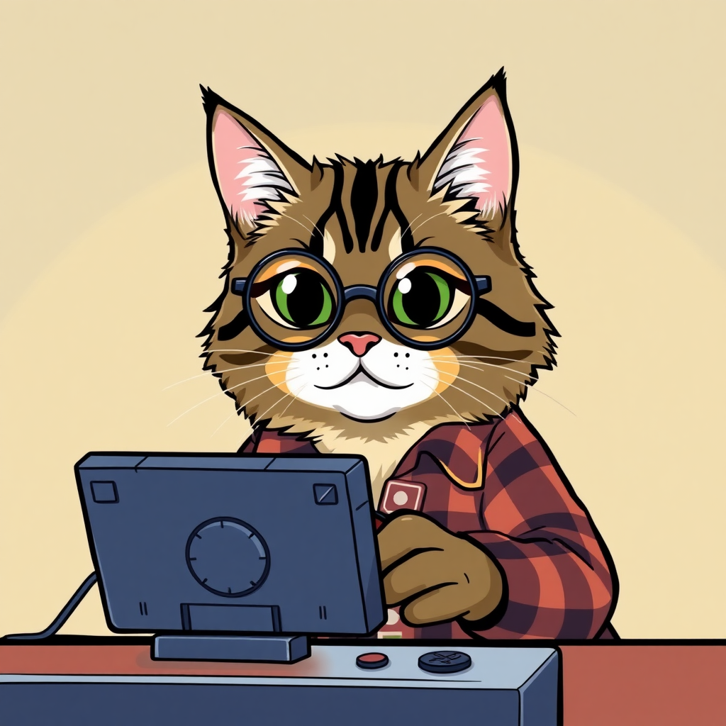 A Maine Coon cat playing a video game with semi-round glasses and a checkered flannel shirt in a cartoon style.