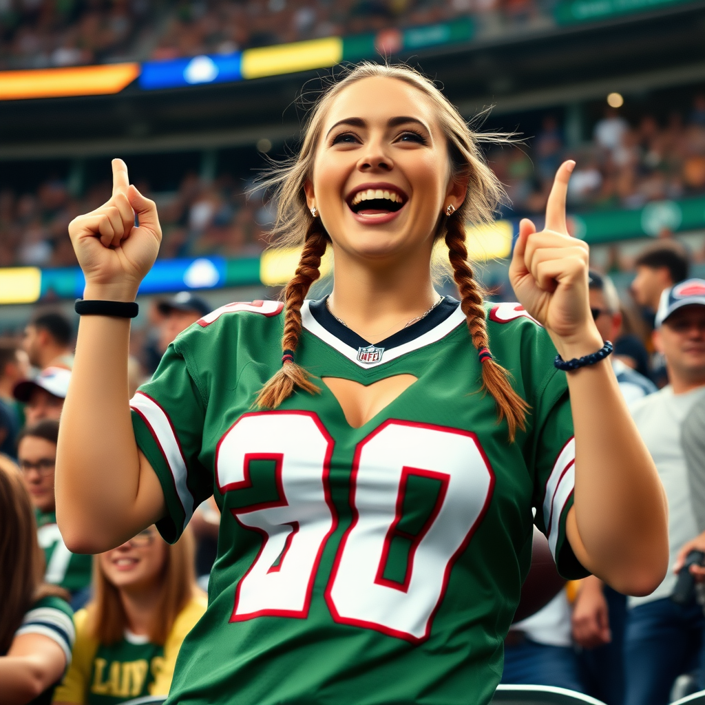 Very attractive female NFL fan, huge chest, jersey, cheering wildly, pigtail hair, crowded stadium bleacher row