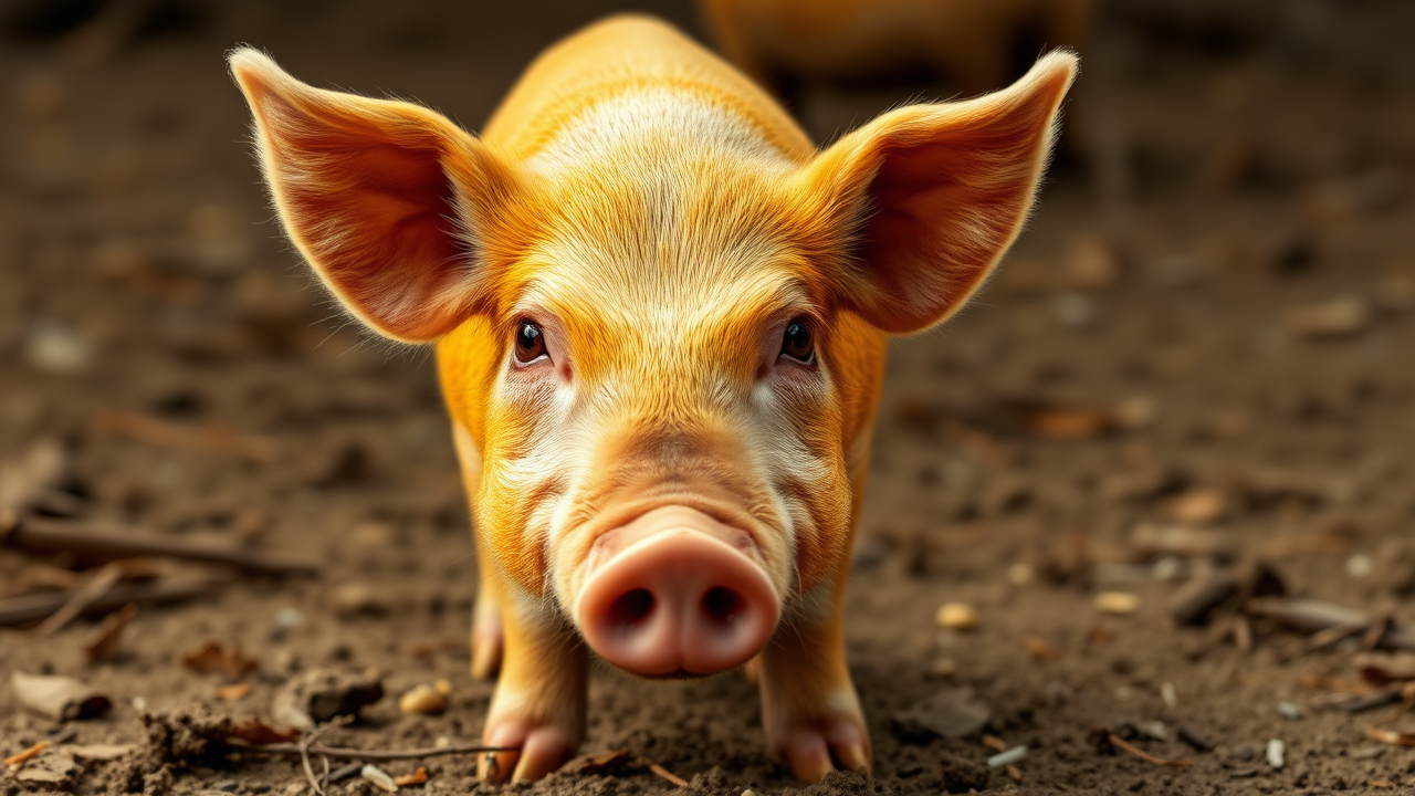 photo, red-eyes yellow pig, full body