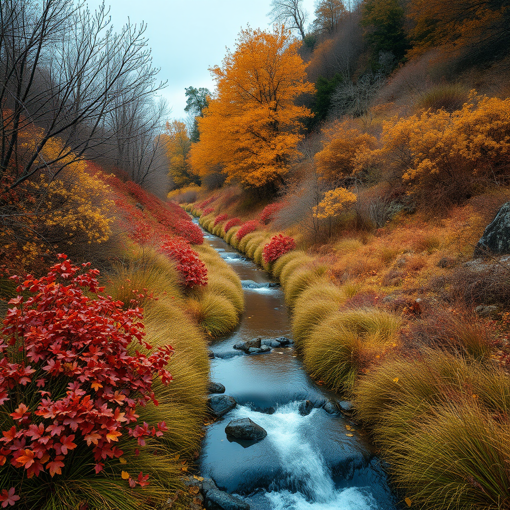 Autumn in the Mediterranean vegetation with a long stream.