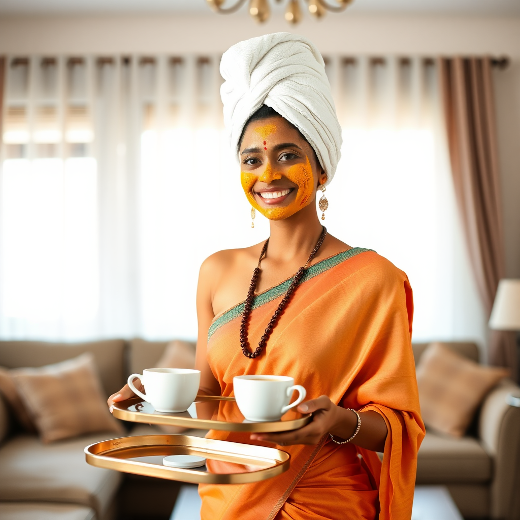 slim, 30 year old, indian Bride, towel head, turmeric face mask, saree. She is smiling and serving coffee on a tray in living room.