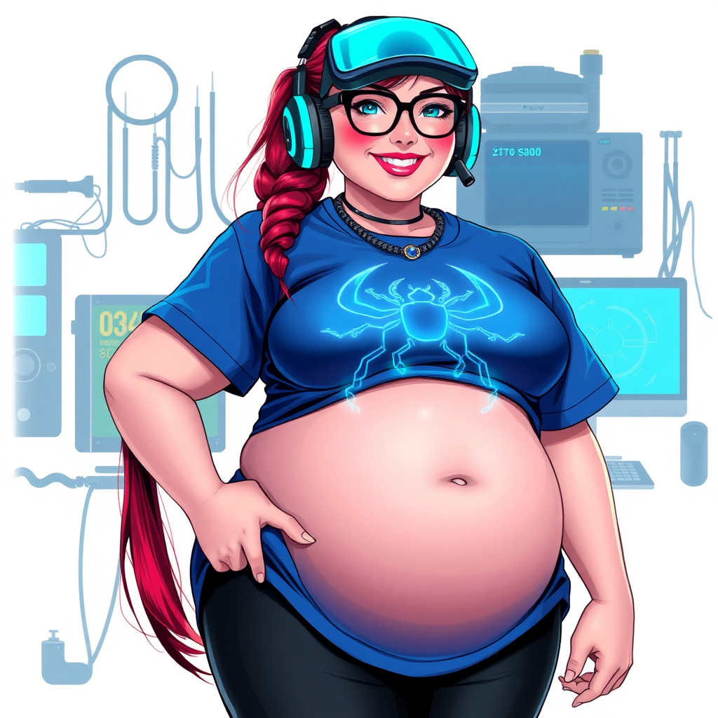 A cyberpunk vigilante’s full-figured intelligent and tech-savvy 29-year-old girlfriend, who is a computer hacker and tech genius. She has a long ruby red ponytail and bright blue eyes. She wears a sapphire beetle gemstone necklace, and an oversized maximum blue t-shirt featuring a giant neon blue glowing icon of a beetle on its chest. She has a full-figured physique with a prominent, gargantuan, round midsection, reflecting her well-cared-for lifestyle. The midsection is heavily emphasized. She sports a sapphire headset with hi-tech maximum turquoise lensed HUD visor, black eyeglasses, and a beaming smile with a passionate bright red blush. Despite her figure and a lack of self-esteem, she radiates an air of beauty. She has a slim face which contributes to her radiant beauty. She serves as his tech expert from his hideout, dutifully working at her workshop computer desk and tool bench. The background is solid white. She is drawn as if she was in a retro 2D cyberpunk fighting game. Make sure her shirt covers her round midsection.