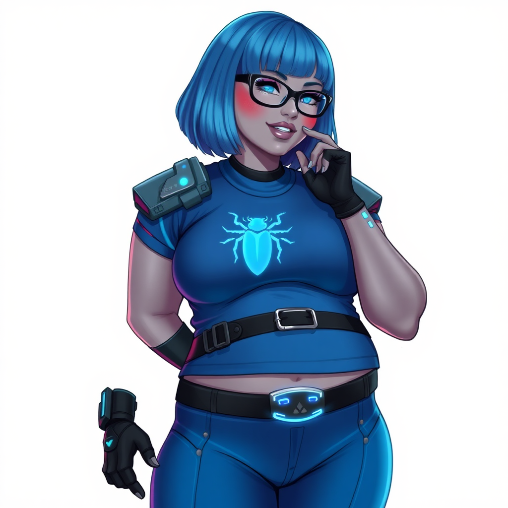 A 28-year-old, full-figured, middle gray skinned computer program hybrid with a maximum blue bob cut. She has a non-athletic build, highlighted by a prominent, round, large midsection (with emphasis on her belly), which shows the aftermath of her pampering. As the heavily pampered digital sidekick to her cyberpunk vigilante boyfriend, her middle gray metallic skin and maximum blue lipstick emphasize her digital nature. She wears a digital, computerized costume inspired by DC’s Carrie Kelly Robin, consisting of a huge, tight-fitting, maximum blue t-shirt with a neon blue glowing chest icon of a beetle, hi-tech shoulder pads with neon blue accents, a black hi-tech belt with a digital neon blue glowing buckle, digital maximum blue pants with neon blue accents, and black hi-tech fingerless biker gloves with neon blue glowing accents. Her neon blue glowing eyes, black eyeglasses with a neon blue glowing HUD built into the lenses, and shy smile with neon red blush accentuate her nerdiness. She stands bashfully with one hand behind her back and the other hand gently touching her cheek, her costume covering all her skin and emphasizing her full-figured physique (especially her belly). She is clearly non-athletic, with a focus on her full-figured physique. Despite her build, she radiates beauty. She has a slim face compared to her physique, accentuating her radiant beauty. She is on a solid white background. She is drawn as if she were in a retro 2D cyberpunk fighting game.