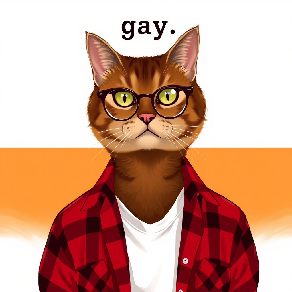 female cat-man brown color with, behind, a flag with horizontal colors pink/light pink/white/light orange/orange, colors in order with the word "gay" written in Arial Black above, wearing semi-round glasses, an open red and black checked shirt with a white t-shirt, in digital art