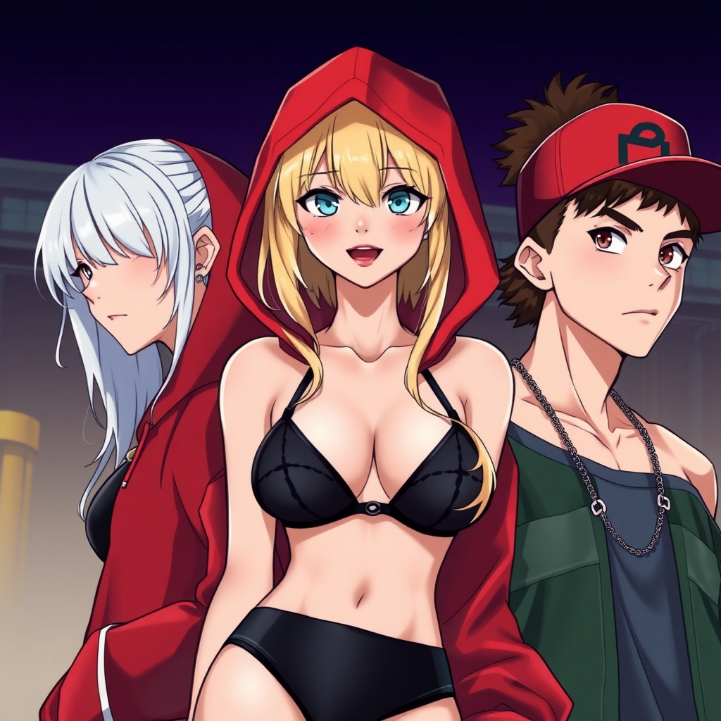 A high-quality anime art, 3 people, a white-ghetto blond girl with blue eyes wearing a black-micro bikini under a red bape hoodie with red lips, a handsome white latino male with a sideways cap and brown-dark fohawk hair.