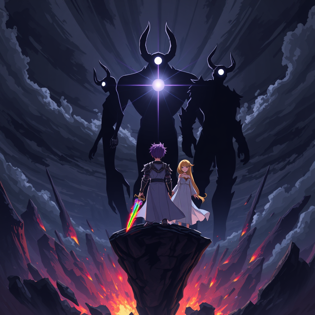 (Anime Style Pixel Art) An intense anime-style scene set against the backdrop of an apocalyptic world collapsing into chaos with the sky being darkness. The sky is dark and menacing, swirling with ominous clouds, while the ground below has shattered into a vast, bottomless abyss. Towering above the abyss stand three colossal humanoid figures, formed from pure darkness and shadow. Their bodies are void-like, with only a single large piercing white lens flare for an eye, glowing across their bodies. Two of the titans on each side are lanky, almost skeletal in their stick-figure-like appearance, while the center one is massive and grotesque, with two jagged horns protruding from its head, exuding an aura of raw power. These beings, the Void Titans, radiate malice as they approach.

In stark contrast, on a floating island amidst the destruction, stands a fearless teenage boy backside with striking purple hair, donned in gleaming purple-knight armor. His grip is firm on a magnificent rainbow-flaming sword, its vibrant flames reflecting his unwavering resolve. Beside him stands a serene young woman clad in flowing white robes, her golden hair shining like a beacon of hope, both of them poised to face the towering void-born entities as the world crumbles around them.