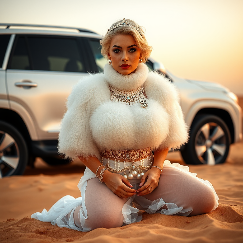 Kuwait desert dunes misty dawn, full size luxury SUV: Melissa, European 17 years old very convincing femboy “trophy-bimbo”, tamed servile docile, very beautiful feminine flawless face, rather short, by hormones very curvaceous womanly figured, platinum blond short tight curls, bold red lips, heavily made-up face, wearing Supertanya-style fluffy very fuzzy bright white angora turtleneck-poncho cropped ending under bust decorated with pearls and gemstones, striking oriental wide gold bridal protection belt, white fully transparent harem pants, full Oriental bridal jewelry including headpiece, face partly covered by white transparent harem-style face veil, coin anklets, striking diamond “$$$” letter brooch on left chest, pout frustrated, hands tied behind back, kneeling in sand in front of SUV, looking at camera. Focus on face and turtleneck-poncho.