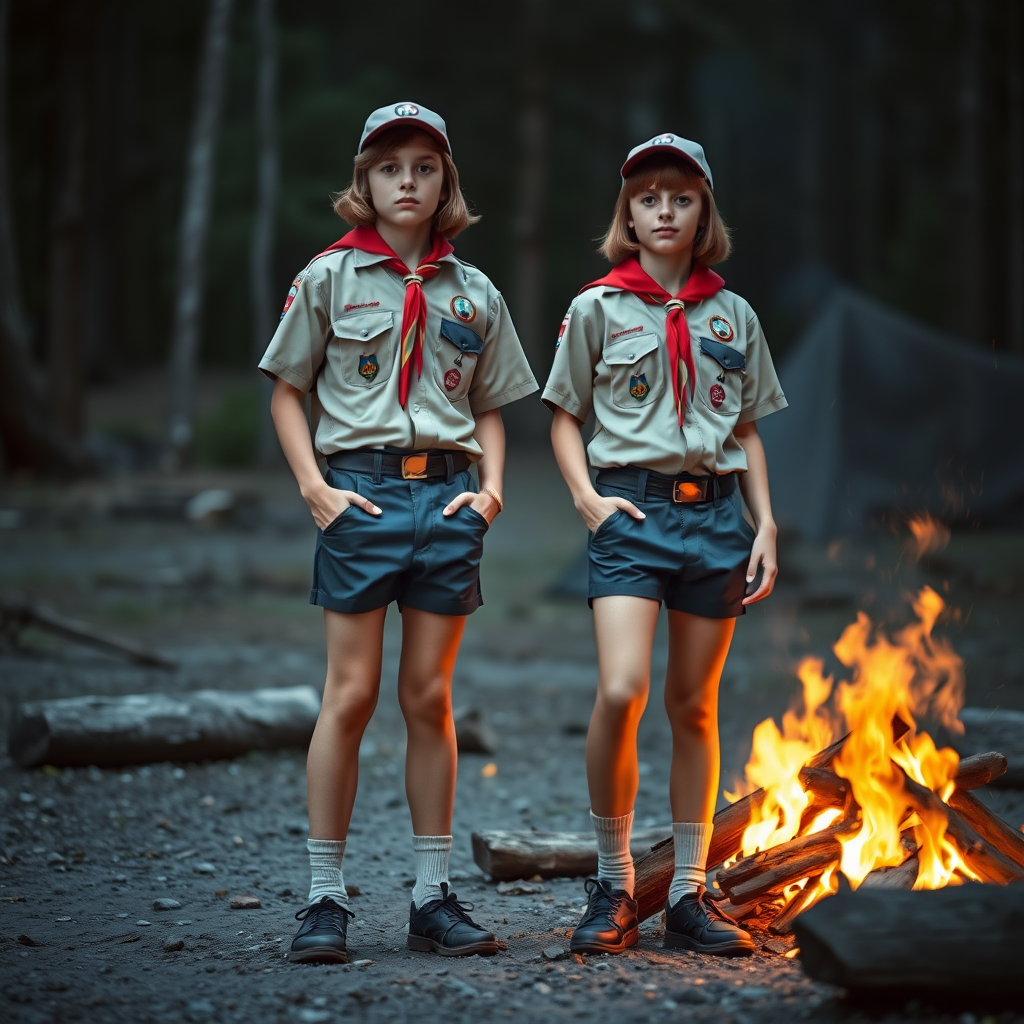 two tall 14yo teen boys, long bob cut, wearing American boy scout uniform with uniform matching very tight booty shorts, tube socks, shoes, cap, long legs, narrow thighs. a campfire. full-length view. 1980s. photorealistic, ultra high resolution, 16K, Negative: grainy, blurry, bad anatomy, extra limbs, watermark.