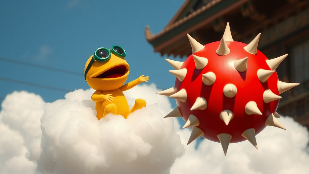 Exterior. Day. A round yellow puppet-looking creature with green goggles riding a puffy white cloud. It throws a round red ball with large ivory spikes.