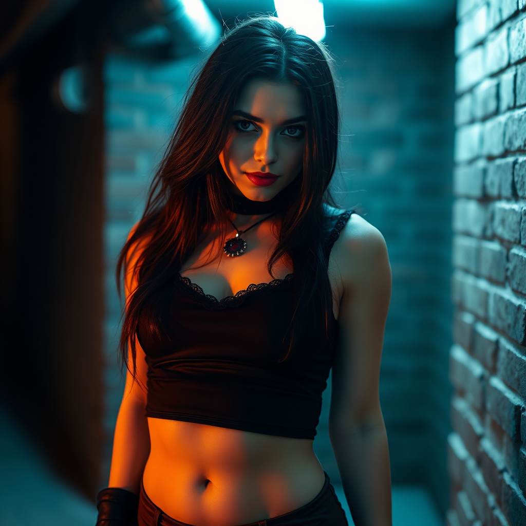 Female rogue urban fantasy photoshoot model, goth clothes crop top and skirt, beautiful and fit, Nikon d850 photograph, daggees, in a dark basement