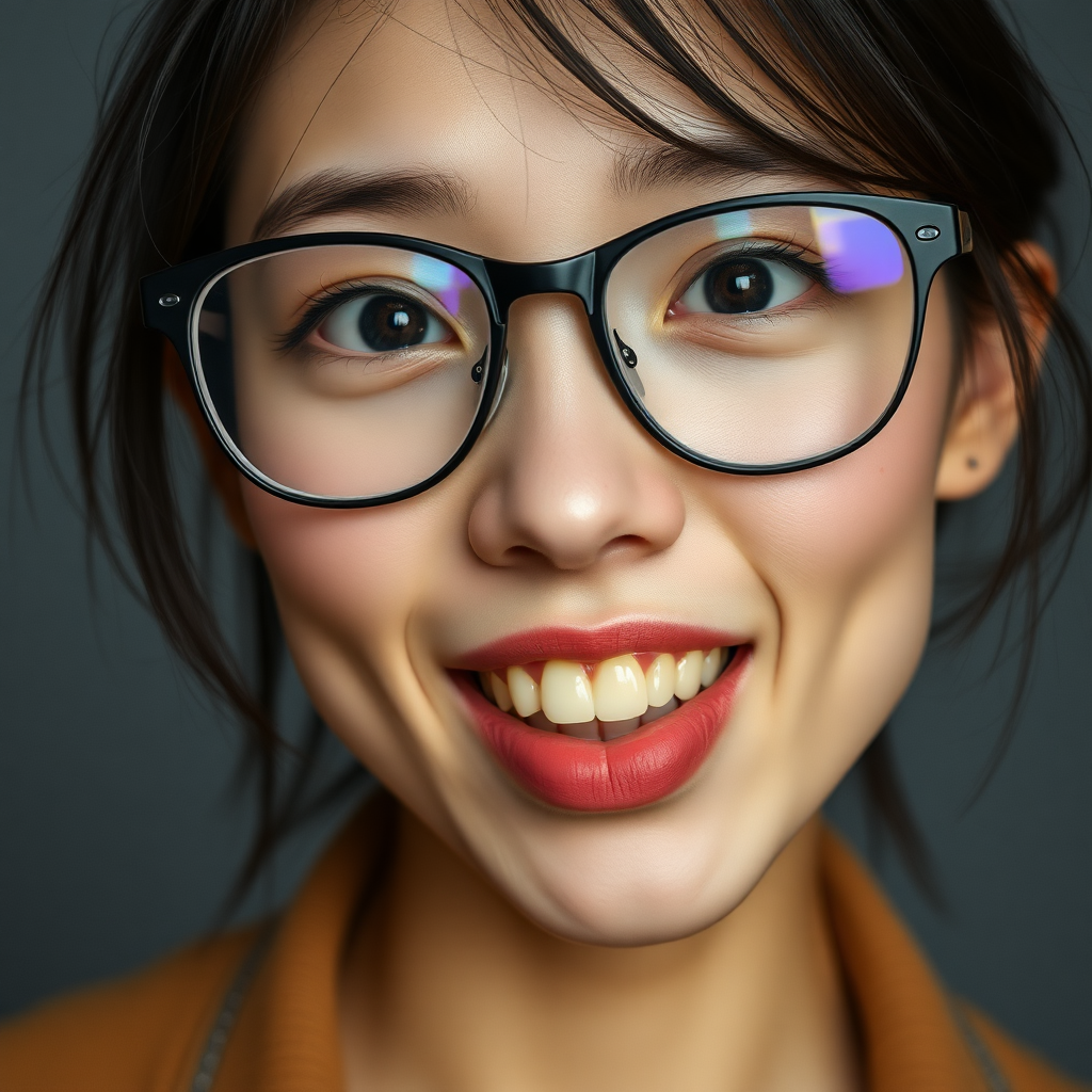 japanese nerdy skinny adult woman with big nose, big mouth, big yellowish teeth, moles, big eyeglasses and medium hair