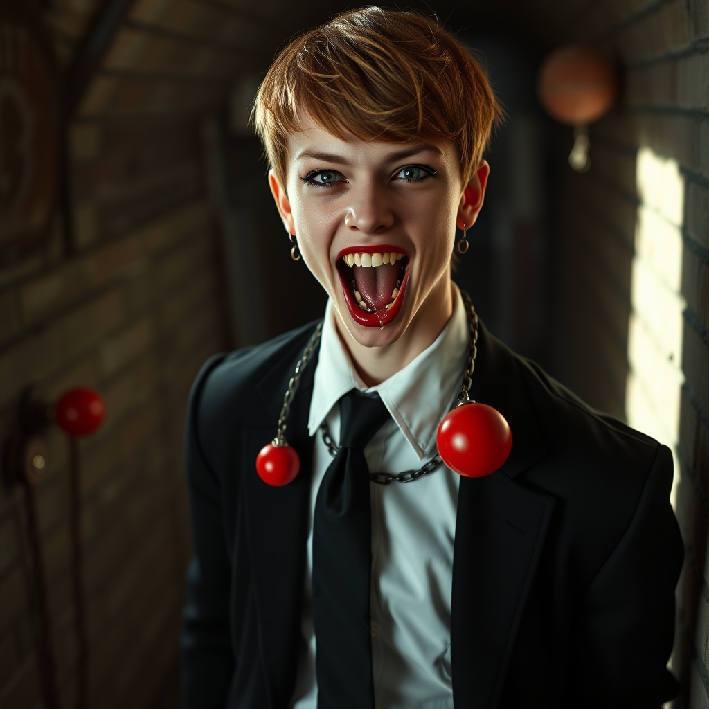 photorealistic, ultra high resolution, 16K, surreal fantasy, soft studio lighting, Tyler Swift is a pretty 18 year old goth male vampire, slim male physique, auburn hair, vampire long canine teeth, goth makeup, earrings, shiny black pantyhose, school uniform shirt tie and blazer, Mary-Jane shoes, spiky neck collar chain and leash, red ball-gag, in a dungeon, the end of the leash is chained to the wall, in daylight, excited open mouth smile, drooling a stream of saliva, facing the camera.