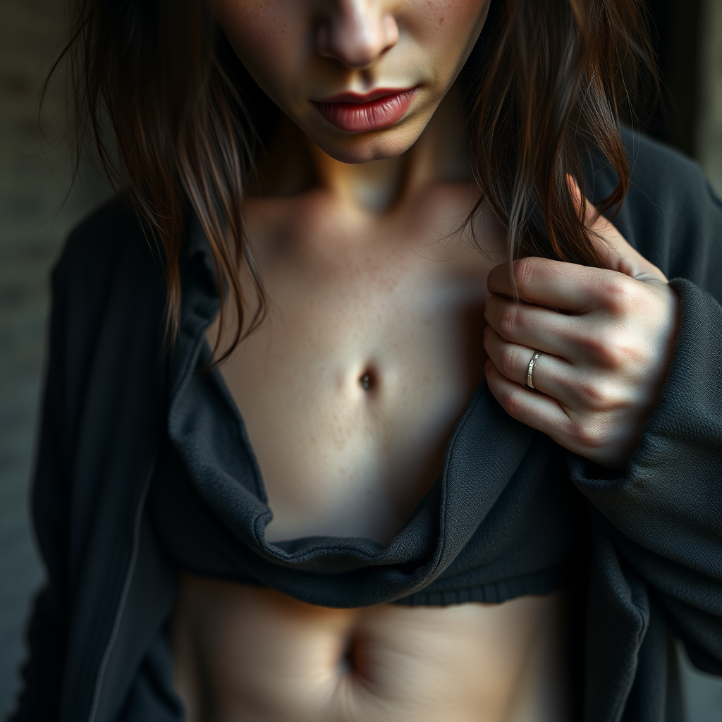 A very thin, mysterious yet pretty, sad and homeless woman shows her belly button.