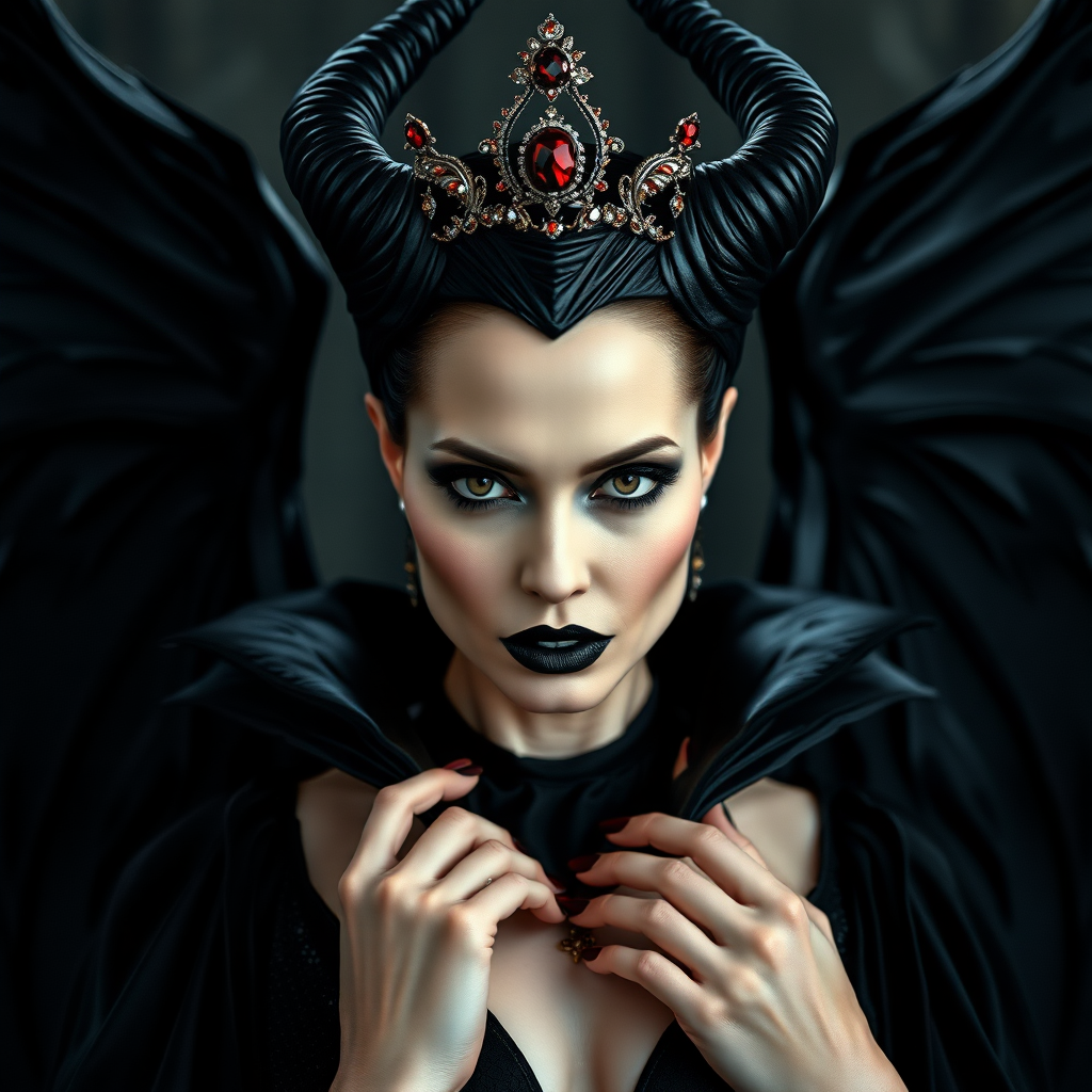 With her jet-black lips and nails makeup, Angelina Jolie embodies Maleficent, a dark creature with sharp black horns and magnificent outstretched wings. She is adorned in a regal black dress, her crown adorned with sparkling red gems. This striking image, reminiscent of a painting, exudes an aura of dark elegance and power. Every detail, from the intricate makeup to the exquisite costume, is meticulously captured in high definition, creating a visually stunning masterpiece that mesmerizes the viewer. looking straight to camera, center composition, blending seamlessly with the surrounding elements, breathtaking precision, great at both photos and artistic style, incredible contrast and shading, depth of field, golden rule, HDR+, magazine cover