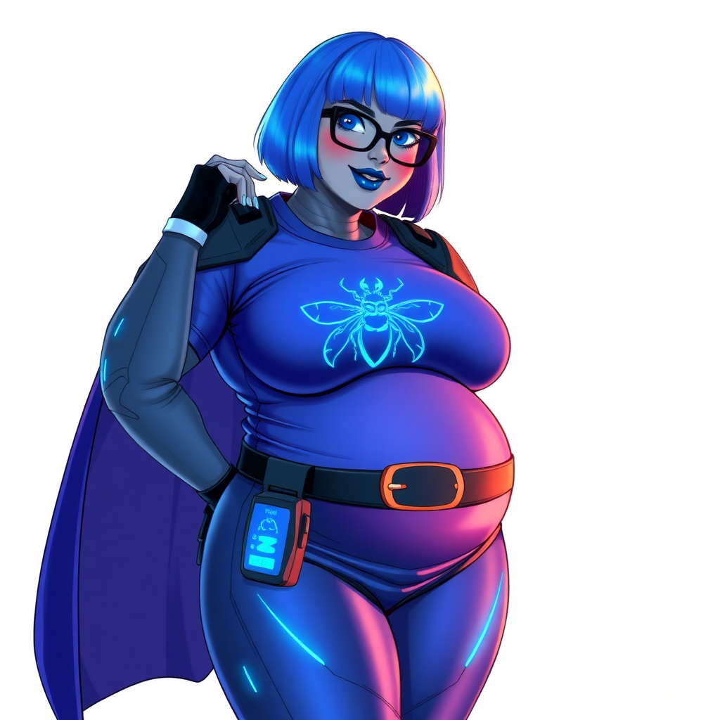 A 28-year-old, full-figured, middle gray skinned computer program hybrid with a maximum blue bob cut. She has a non-athletic build, highlighted by a prominent, round, large midsection (with emphasis on her large belly), which shows the aftermath of her pampering. As the heavily pampered digital sidekick to her cyberpunk vigilante boyfriend, her middle gray metallic skin and maximum blue lipstick emphasize her digital nature. She wears a digital, computerized costume inspired by DC’s Carrie Kelly Robin, consisting of a huge, tight-fitting, maximum blue t-shirt with a neon blue glowing chest icon of a beetle, hi-tech shoulder pads with neon blue accents, a glowing neon blue digital cape, a black hi-tech belt with a digital neon blue glowing buckle, digital maximum blue pants with neon blue accents, and black hi-tech fingerless biker gloves with neon blue glowing accents. Her neon blue glowing eyes, black eyeglasses with a neon blue glowing HUD built into the lenses, and shy smile with neon red blush accentuate her nerdiness. She stands bashfully with one hand behind her back and the other hand gently touching her cheek, her costume covering all her skin and emphasizing her full-figured physique (especially her belly). She is clearly non-athletic, with a focus on her full-figured physique. Despite her build, she radiates beauty. She has a slim face compared to her physique, accentuating her radiant beauty. She is on a solid white background. She is drawn as if she were in a retro 2D cyberpunk fighting game.