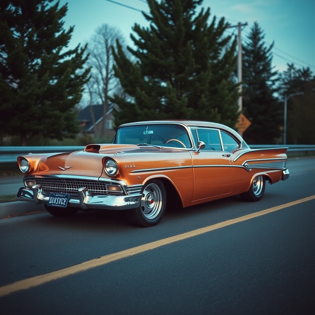 the drag car is parked on the side of the road, inspired by Taiyō Matsumoto, tumblr, restomod, nd4, c4 metallic shine classic american low rider ford