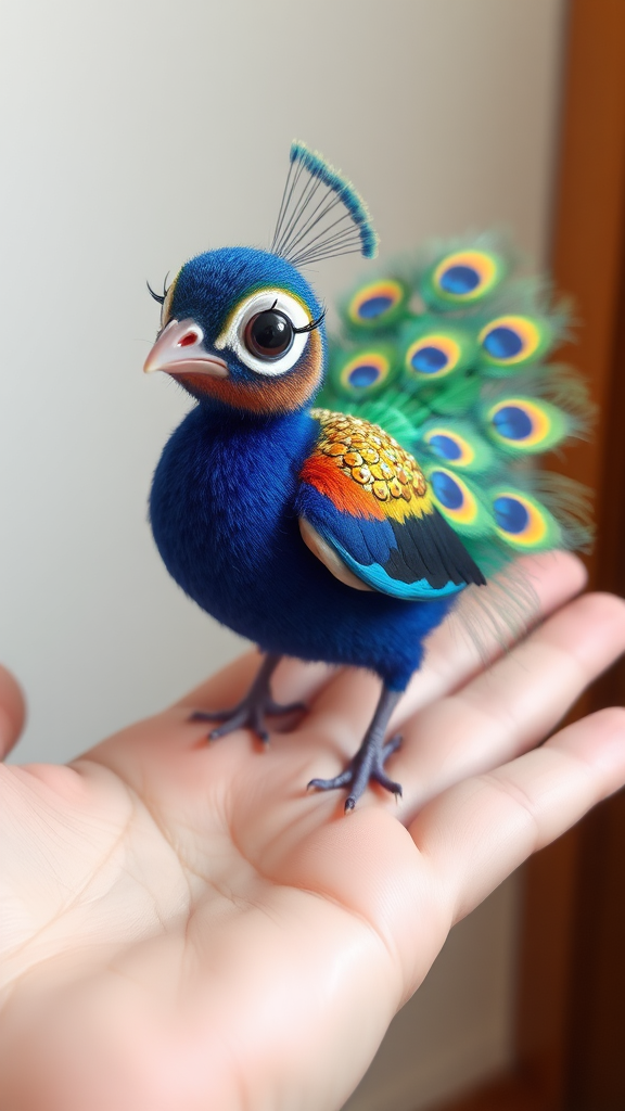 A small tiny cute chubby big eyes big perfect tail real colorful dancing peacock with tail on hand