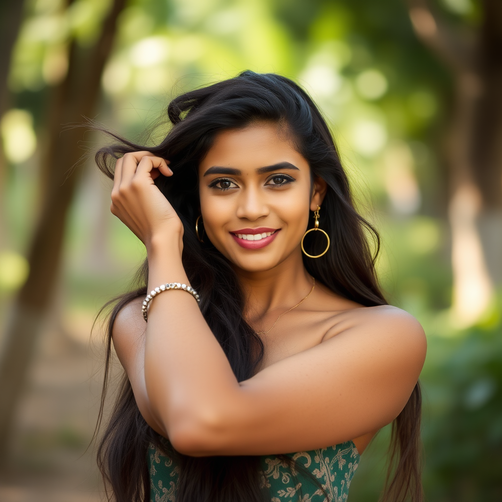 An attractive Sinhalese woman in her 20s styling her long hair.